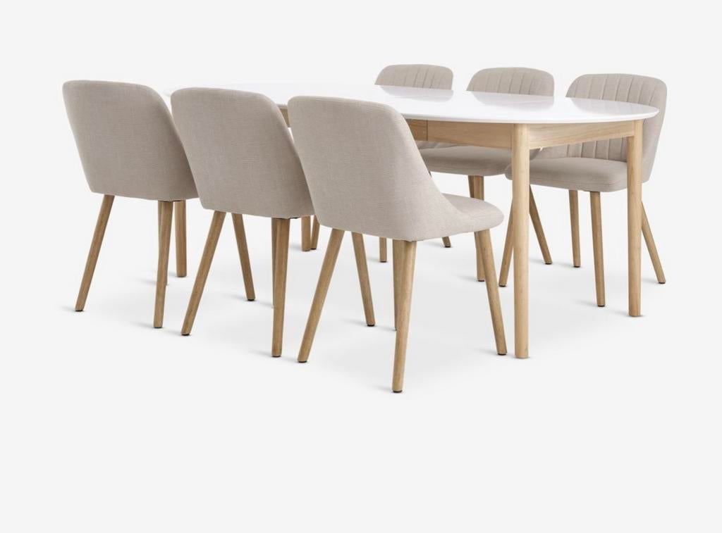 Uitschuifbare eettafel JYSK Marstrand wit/eiken, Huis en Inrichting, Tafels | Eettafels, Gebruikt, 100 tot 150 cm, Ophalen of Verzenden