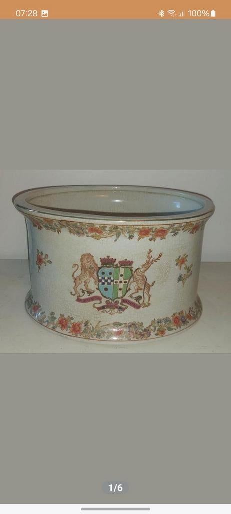 Antieke cachepot met wapenschild en bloemmotief, Antiek en Kunst, Ophalen of Verzenden