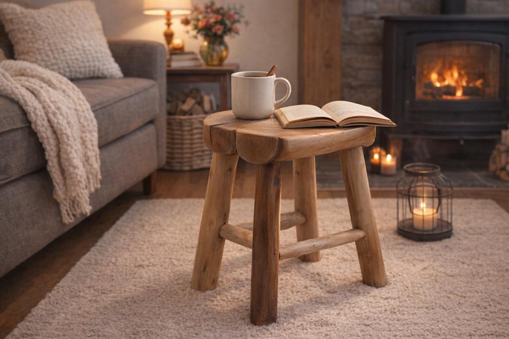 Massieve houten kruk - Teak look, Huis en Inrichting, Krukjes, Ophalen, Gebruikt, Hout