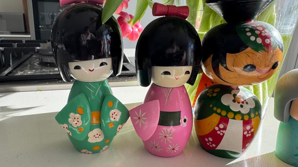 3 Japanse popjes en kokeshi vintage popje, Ophalen of Verzenden, Gebruikt, Pop
