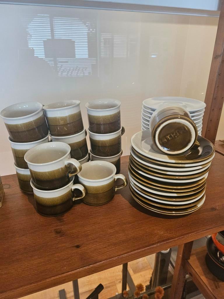 Vintage Retro Keramieken Kop en Schotels - Bruin/Wit, Ophalen