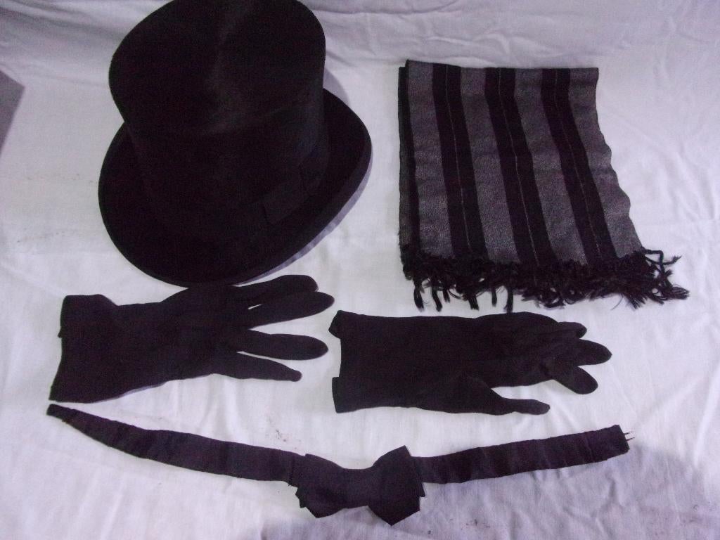 HOGE HOED + HANDSCHOENEN + SJAAL + VLINDERDAS  (NIEUWSTAAT), Antiek en Kunst, Ophalen of Verzenden, Heren, GEBROEDERS BERVOETS