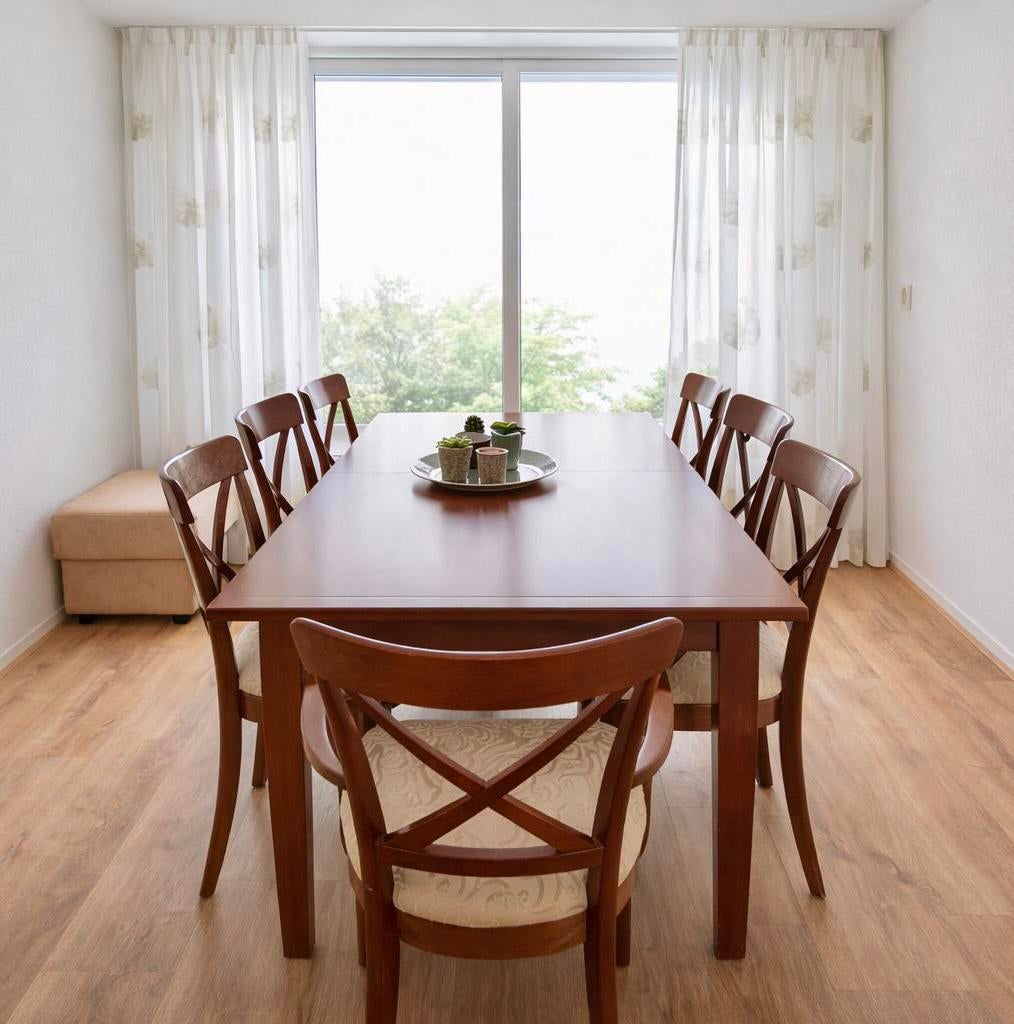 Kersenhouten eetkamer tafel met stoelen, Zo goed als nieuw, Vijf personen of meer, 150 tot 200 cm, Kersenhout