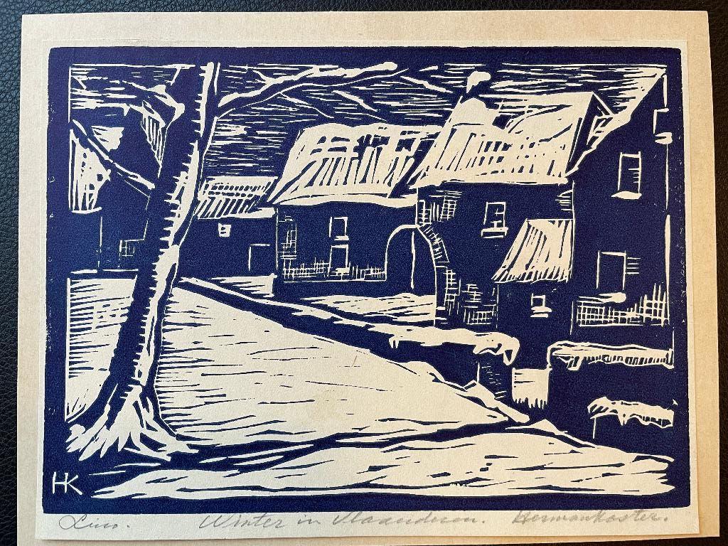 Houtsnede winter in Vlaardingen - Herman Koster, Antiek en Kunst, 1950 - 1999, Ophalen of Verzenden, 14 cm, Houtsnede