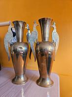 Set van 2 vintage messing vazen met pauwen decoratief, Ophalen of Verzenden
