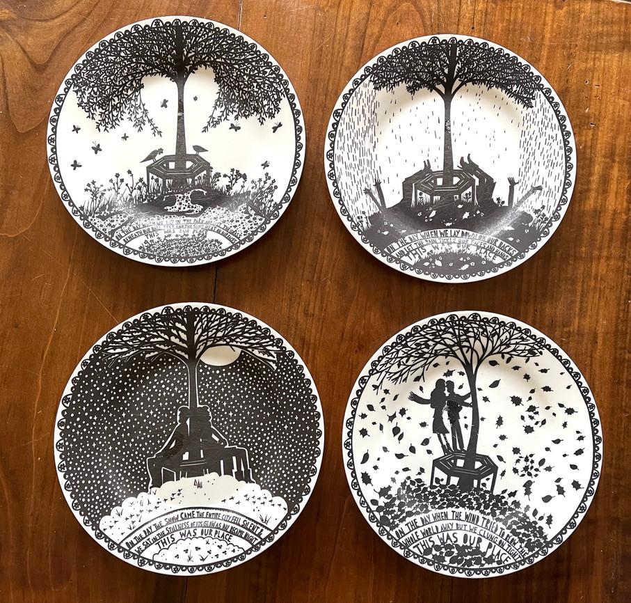 Porselein borden met decor "On the day ...", Ophalen of Verzenden