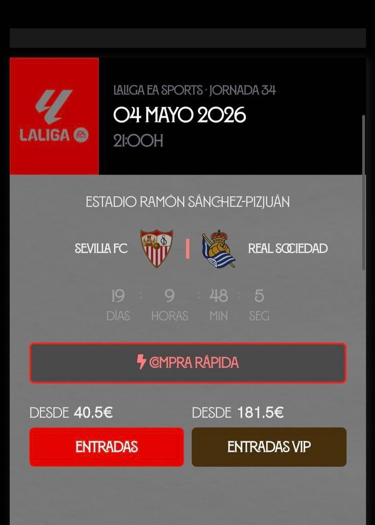 Sevilla FC - Real Sociedad 2 tickets lange zijde te koop, Twee personen
