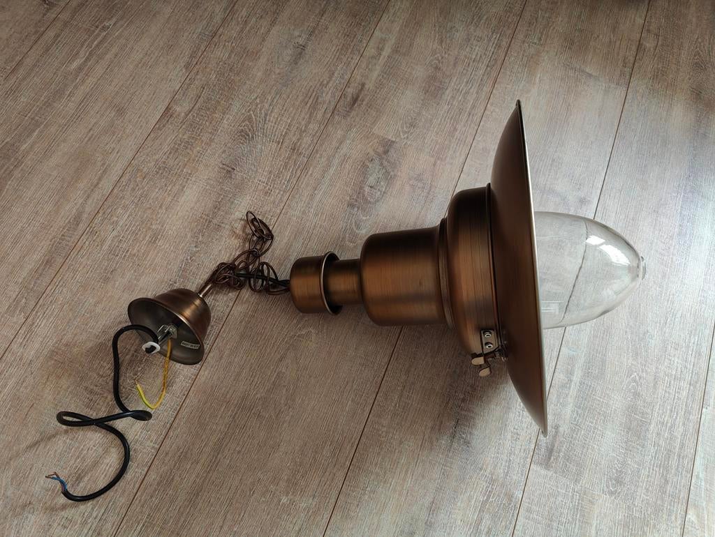 Brons gekleurde hanglamp, Ophalen, Gebruikt, Glas, 50 tot 75 cm