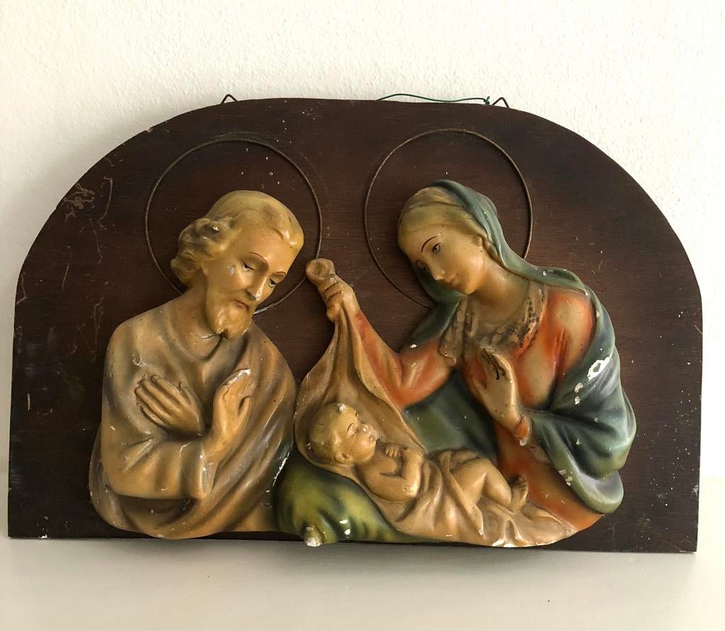 Zeer mooi brocante tableau/plaquette met heilige familie, Ophalen of Verzenden