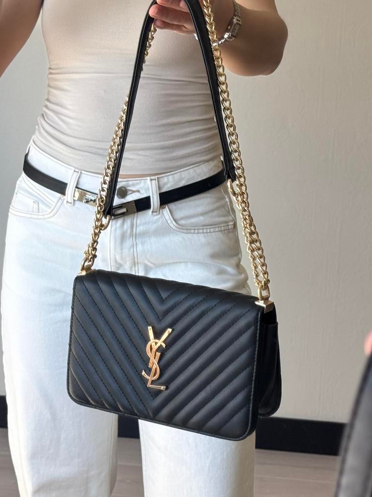 Black quilted shoulder bag YSL style gold chain, Ophalen of Verzenden, Zo goed als nieuw, Zwart, Schoudertasje