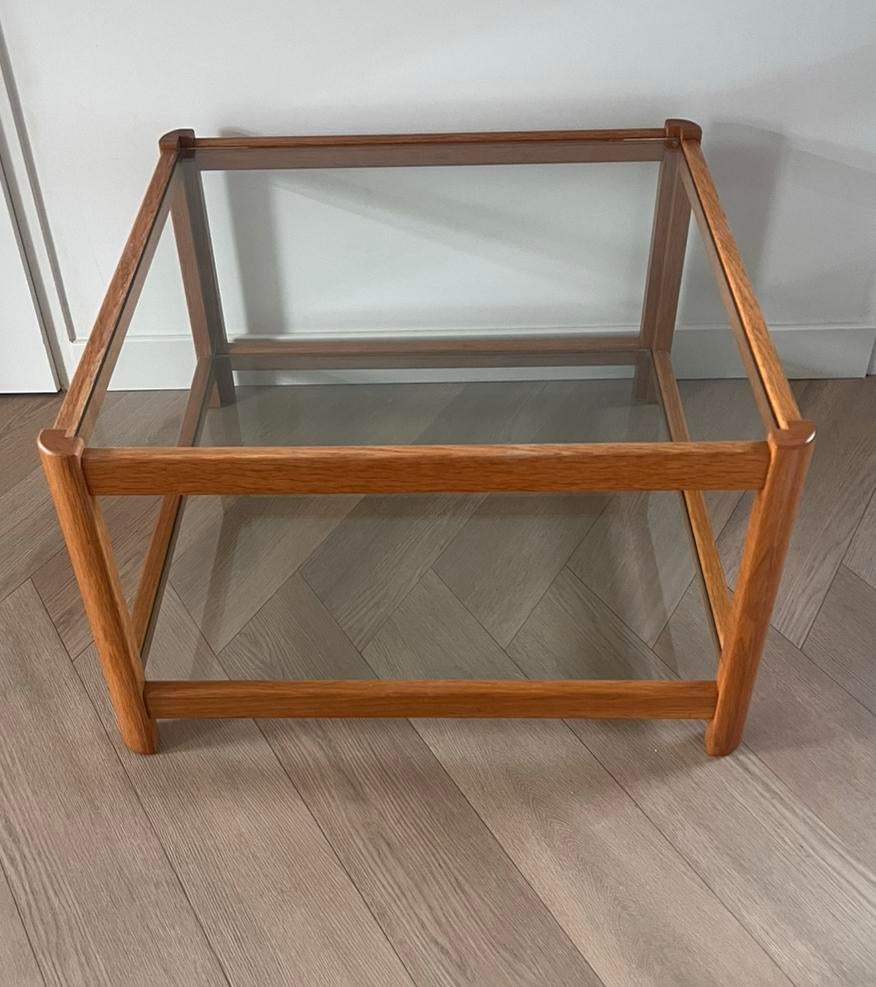 Vintage design tafel hout /glas, Ophalen, 50 tot 100 cm, Vierkant, 50 tot 100 cm