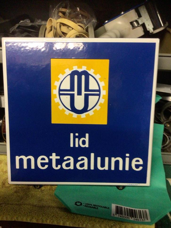 Emaille reclamebord 'lid metaalunie' - Vintage, Antiek en Kunst, Antiek | Emaille, Ophalen of Verzenden