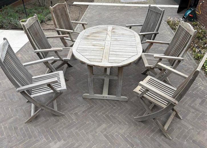 Teakhouten tuinset met 6 stoelen en ovale tafel, Tuin en Terras, Ophalen, Gebruikt, Eettafel, 6 zitplaatsen