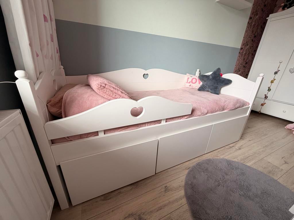 Bedbank Emma wit met 3 lades en uitvalbeveiliging, Ophalen, 85 tot 100 cm, Gebruikt, Lattenbodem