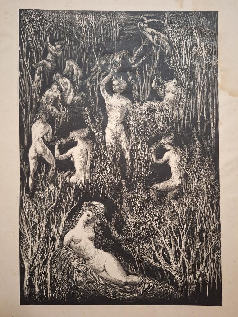 Lithografie Naakten in Bosrijke Omgeving, Antiek en Kunst, Ophalen of Verzenden
