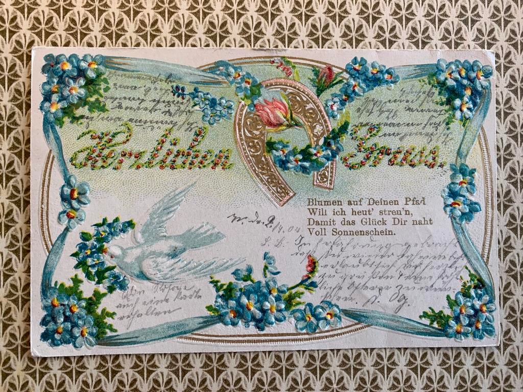 2-4-1904 Geluk - hoefijzer duif vergeet-mij-nietjes, Ophalen of Verzenden, Voor 1920, Gelopen, Overige thema's