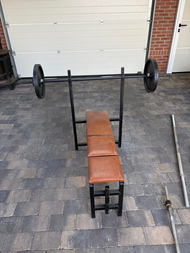 Halter bank en gewichten en dumbles, Sport en Fitness, Fitnessmaterialen, Gebruikt, Halterset, Benen, Ophalen