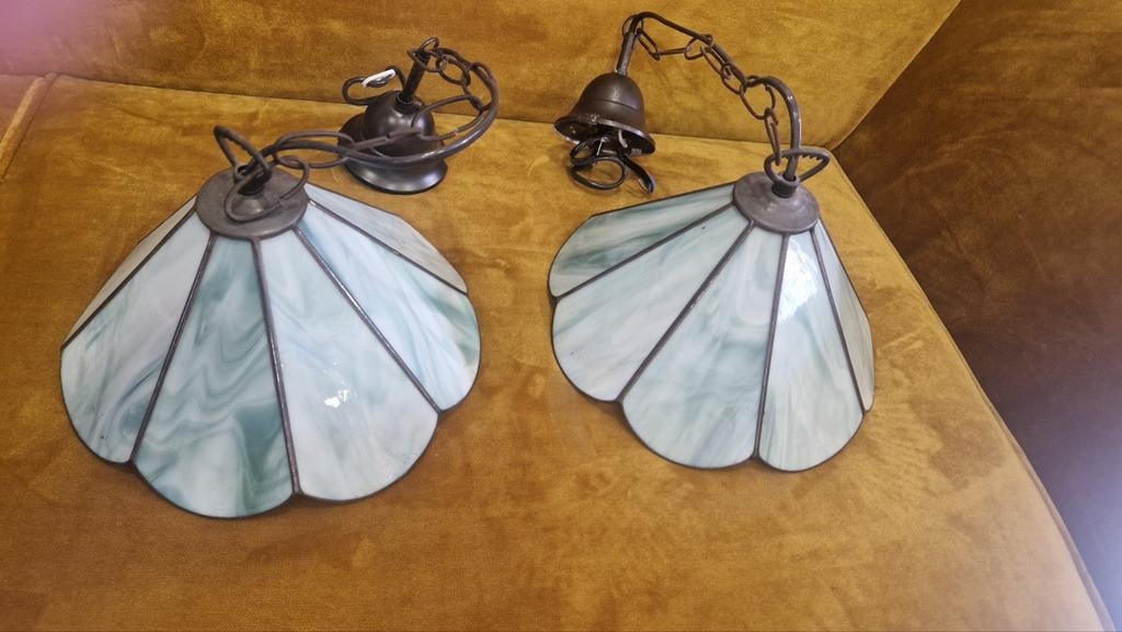 2 Tiffany hanglampjes - Groen/Wit glas, Ophalen of Verzenden