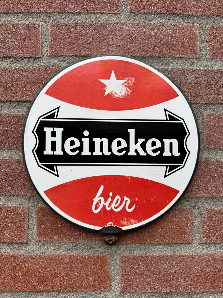 Vintage Heineken bier reclamebord - Emaille, Verzamelen, Ophalen of Verzenden, Gebruikt, Reclamebord, Plaat of Schild, Heineken
