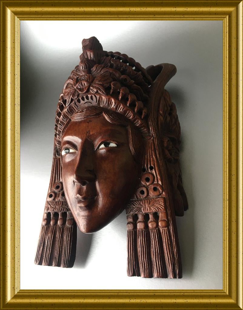 Prachtig Aziatisch houtsnijwerk: houten masker, glazen ogen, Antiek en Kunst, Kunst | Beelden en Houtsnijwerken, Handgemaakt, 20 - 50 cm