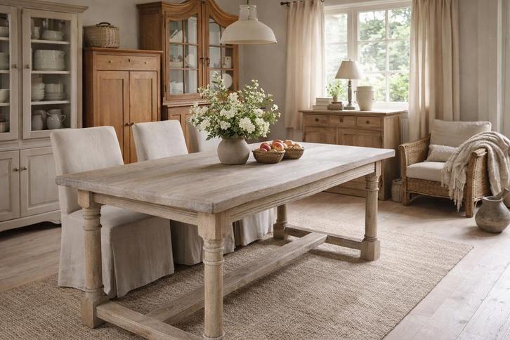 Eiken eettafel landelijk vergrijsd brocante antiek sober 6p, Huis en Inrichting, Tafels | Eettafels, Zo goed als nieuw, 50 tot 100 cm