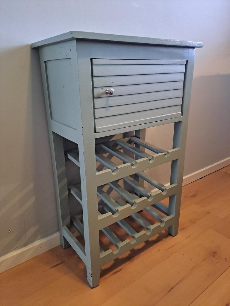 Hardhouten wijnkastje 12 flessen. Grijs-groen geschilderd., Huis en Inrichting, Woonaccessoires | Wijnrekken, Ophalen, Hout, 75 cm of meer