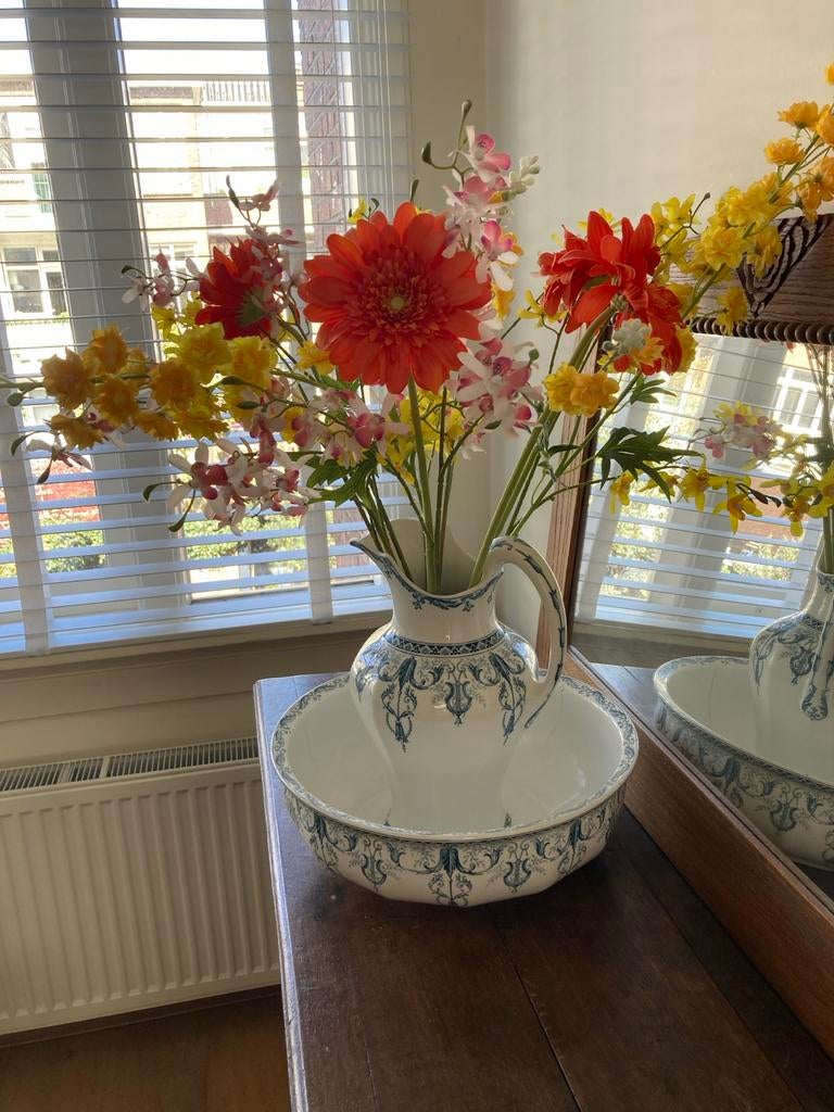 Antiek Lampetstel - Wit met Blauw Decor, Antiek en Kunst, Ophalen