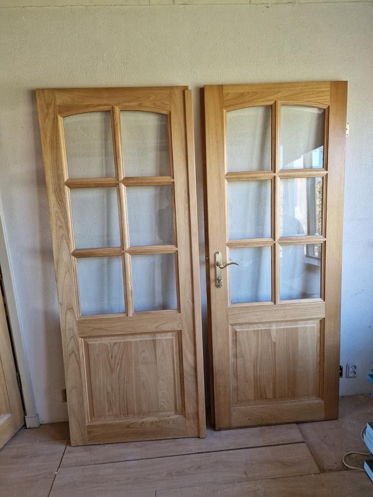Set van 2 massief eiken binnendeuren met glas, Doe-het-zelf en Verbouw, 80 tot 100 cm, Binnendeur, Ophalen of Verzenden, Zo goed als nieuw