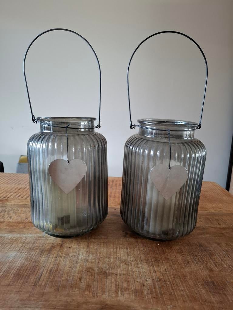 Set van 2 windlichten - 25 cm hoog, Overige materialen, 25 tot 50 cm, Ophalen of Verzenden, Zo goed als nieuw