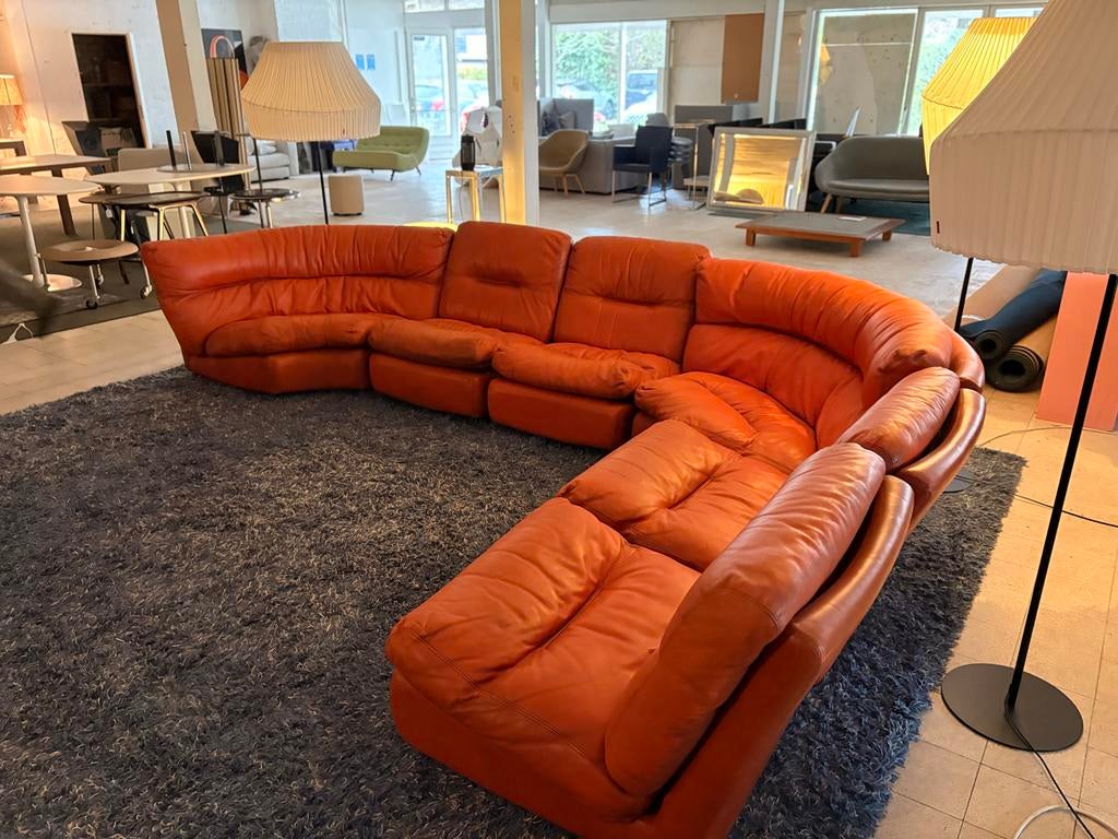 Fauve Modulaire Leren Vintage Design Bank Jaren '60, Gebruikt, 300 cm of meer, Ophalen of Verzenden, Vierpersoons of meer