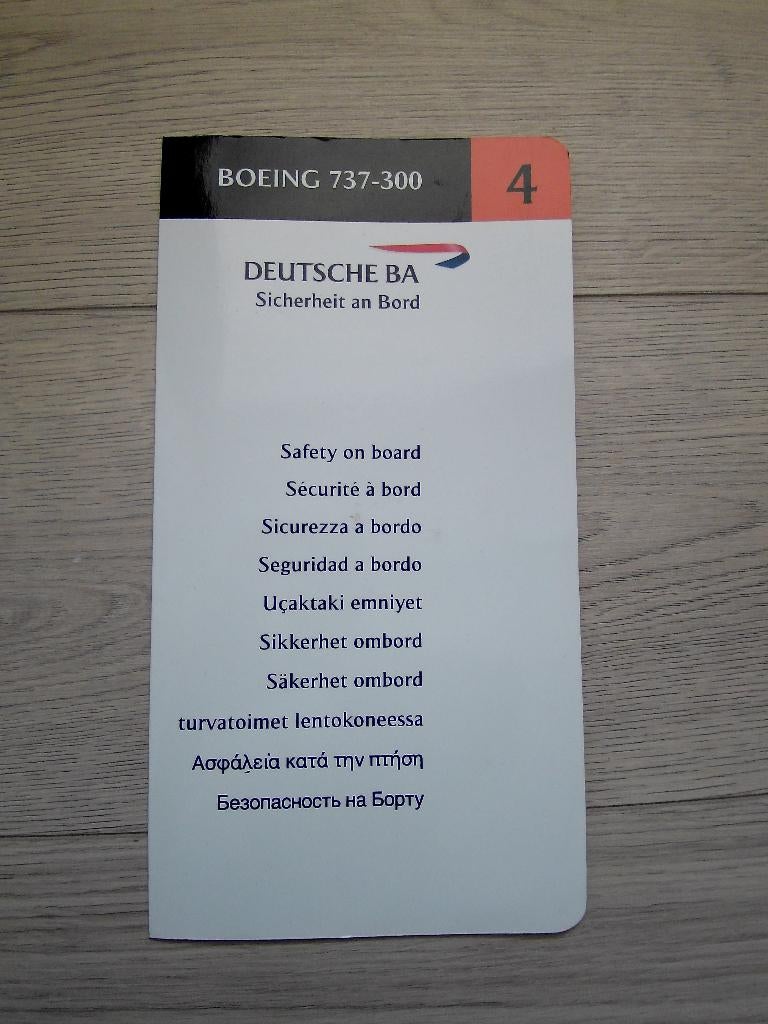 Boeing 737-300 Safety Card Deutsche BA, Verzenden, Zo goed als nieuw, Overige typen