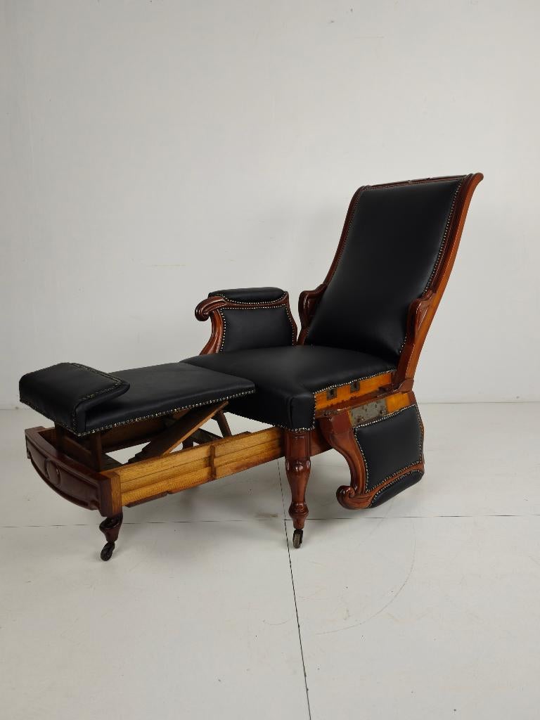 19e-eeuwse antieke bibliotheekstoel van Horrix – zwart leer, Ophalen of Verzenden