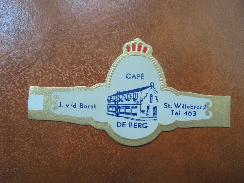 Oude sigarenband Café De Berg Sint Willebrord J. v.d. Borst, Ophalen of Verzenden, Zo goed als nieuw, Sigarenbandjes