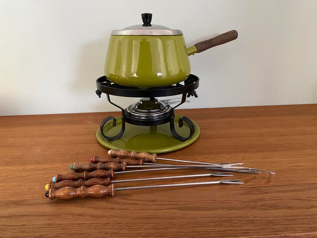 Retro fondue stel emaille olijfgroen vintage jaren 70, Witgoed en Apparatuur, Fonduesets, Ophalen of Verzenden, Zo goed als nieuw