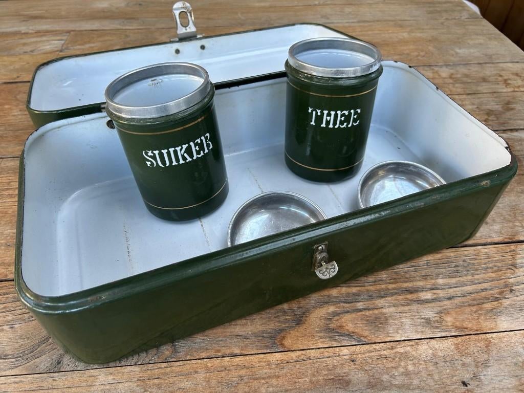 Groene emaille broodbak broodtrommel vintage retro, Ophalen