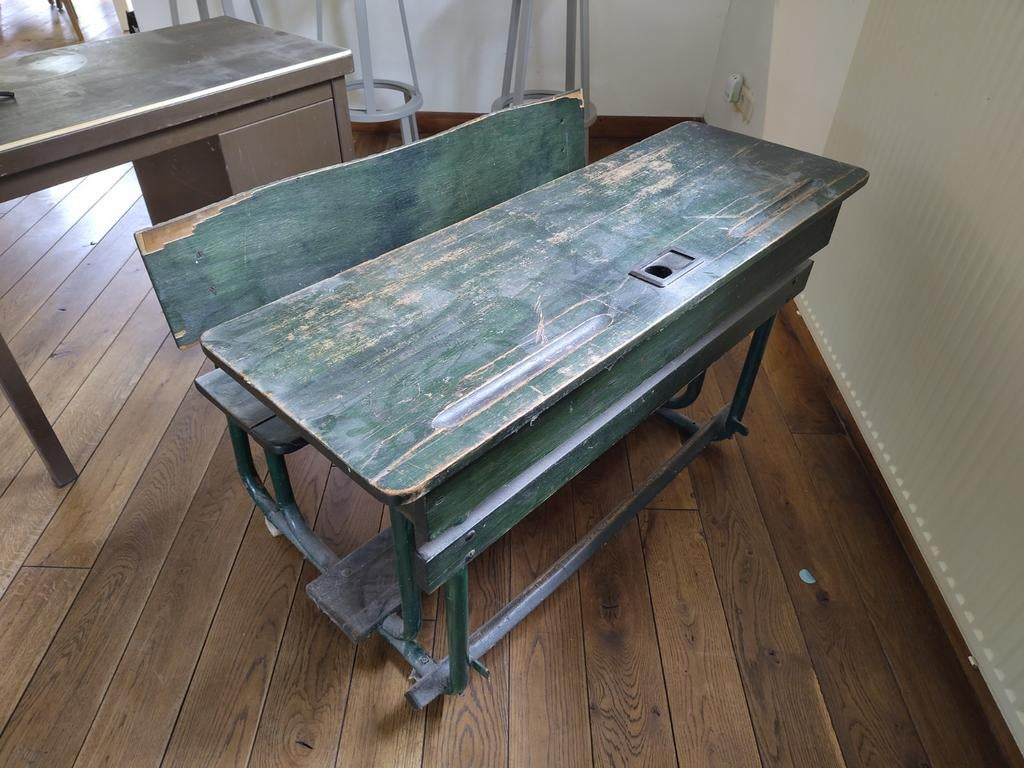 Vintage schoolbankje met bank - Groen, Antiek en Kunst, Ophalen
