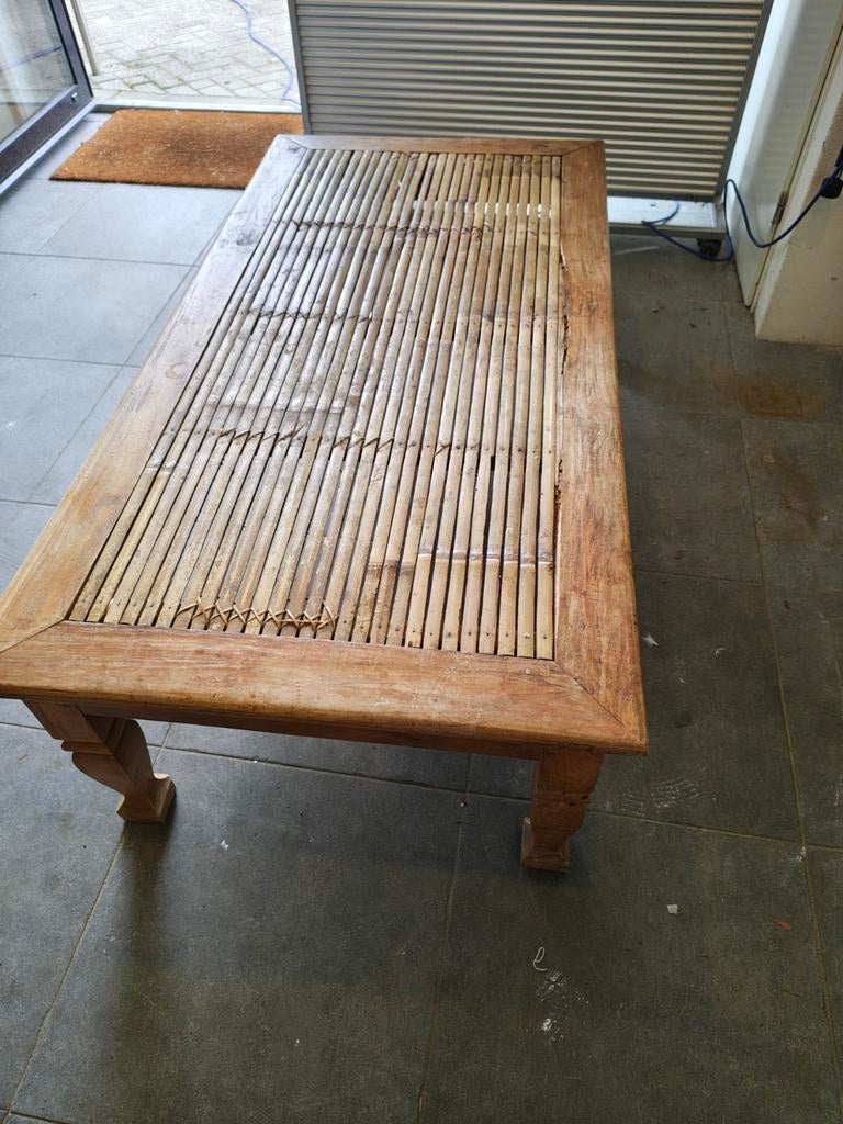 Salontafel met bamboe blad - 150x75x45 cm, Gebruikt, 100 tot 150 cm, Minder dan 50 cm, Rechthoekig