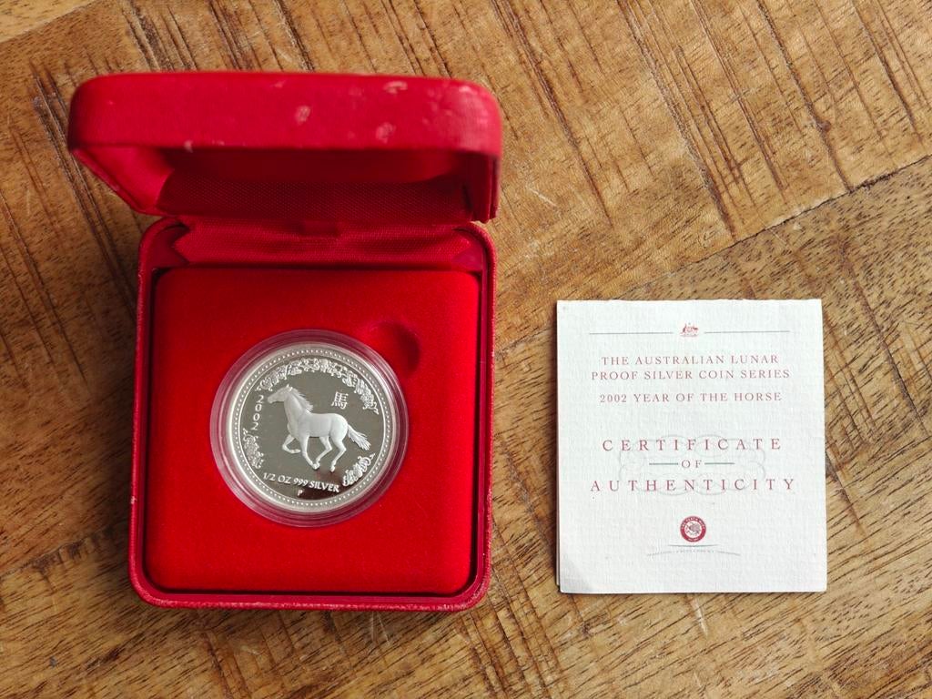 2002 Lunar Horse Proof 1/2 oz Oplage 1655 Zie ook andere, Ophalen of Verzenden, Losse munt, Zilver