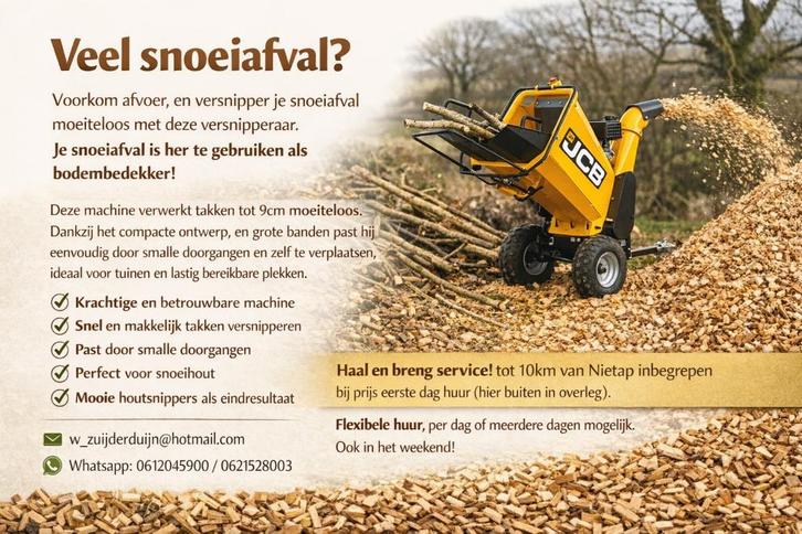 Snoeiafval? TE HUUR: houtversnipperaar., Tuin en Terras, Hakselaars, Nieuw, Benzine, Ophalen of Verzenden