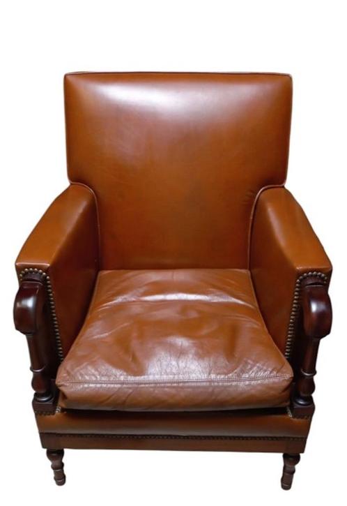Cognac kleurige lederen armzetel in mahoniehout, Antiek en Kunst, Antiek | Meubels | Stoelen en Banken, Ophalen