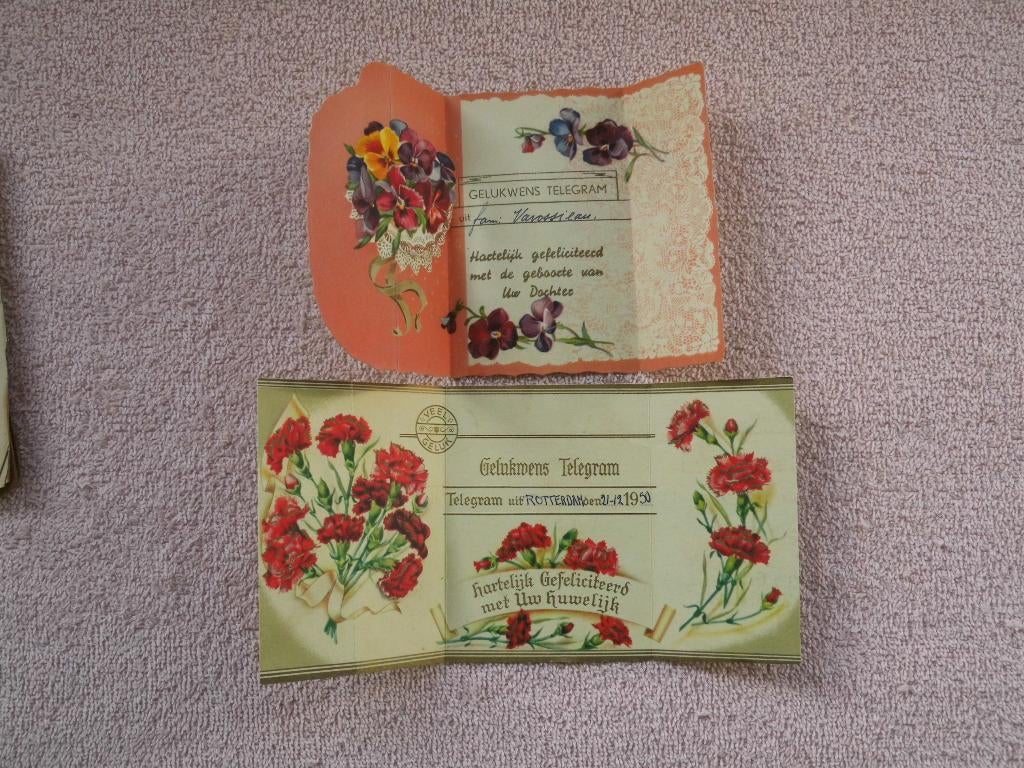 Gelukwens telegram 2 maal.  Huwelijk / Geboorte, Verzamelen, Ophalen of Verzenden, 1940 tot 1960, Gelopen, Overige thema's
