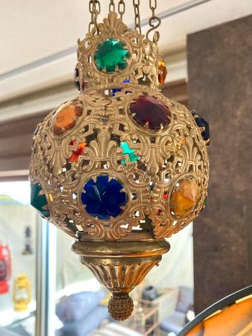 Antieke messing glas juwelen kaars lamp olielamp kettingen. beschikbaar voor biedingen