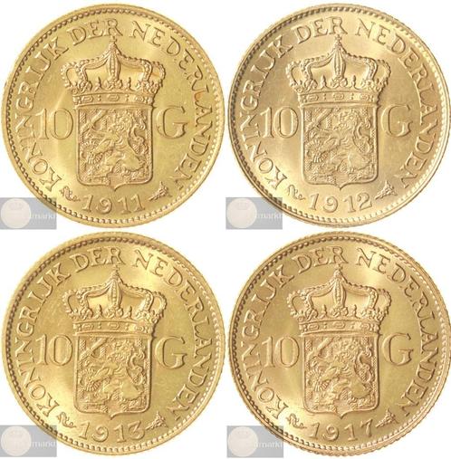Nederland - 10 Gulden 1911 t/m 1917 (4 x) Wilhelmina - GOUD, Postzegels en Munten, Munten | Nederland, Setje, 10 gulden, Koningin Wilhelmina