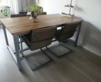 Eethoek 4 stoelen + tafel teakhout en staal 180 x 100, Ophalen, Gebruikt, 50 tot 100 cm, Vijf personen of meer