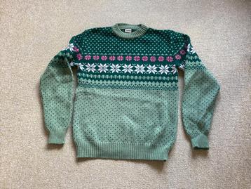 Groene trui met Noorse,beige,roze motieven,acryl maat 36/38 beschikbaar voor biedingen