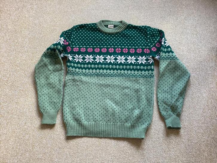 Groene trui met Noorse,beige,roze motieven,acryl maat 36/38, Kleding | Dames, Truien en Vesten, Zo goed als nieuw, Maat 36 (S)