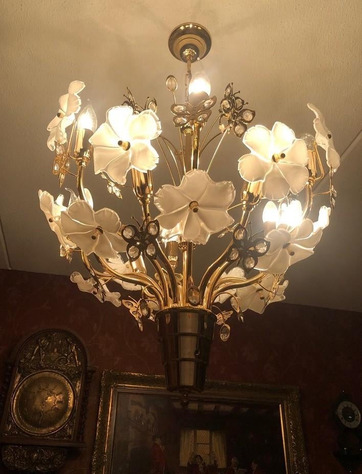 Kroonluchter bloemen met kristal Capodimonte hanglamp goud, Ophalen of Verzenden, Glas, Klassiek