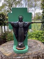 Bronzen Jezus beeld ❤️ met houten console, Antiek en Kunst, Antiek | Religie, Ophalen of Verzenden