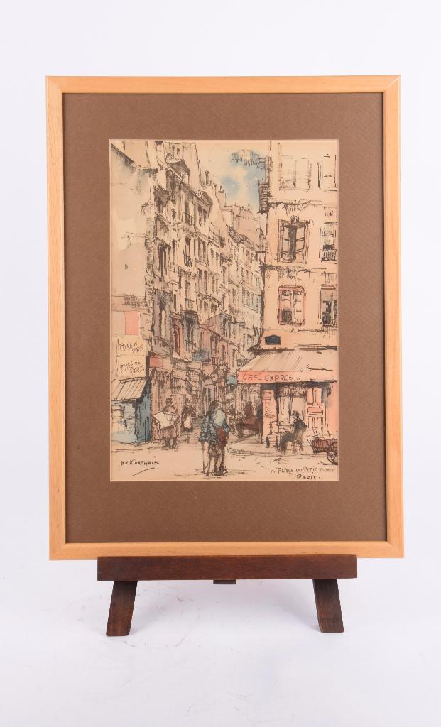 Jan Korthals (1916-1972) – “Place du Petit Pont, Paris”, Antiek en Kunst, Kunst | Tekeningen en Foto's, Ophalen of Verzenden