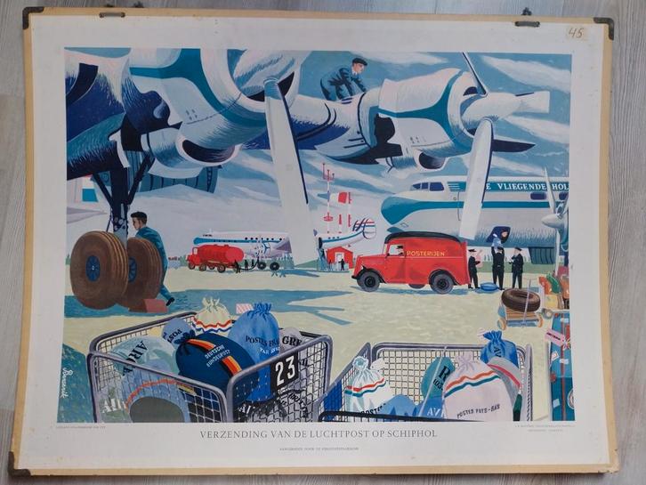 Schoolplaat Luchtpost Schiphol - Vintage, Antiek en Kunst, Antiek | Schoolplaten, Overige thema's, Ophalen of Verzenden